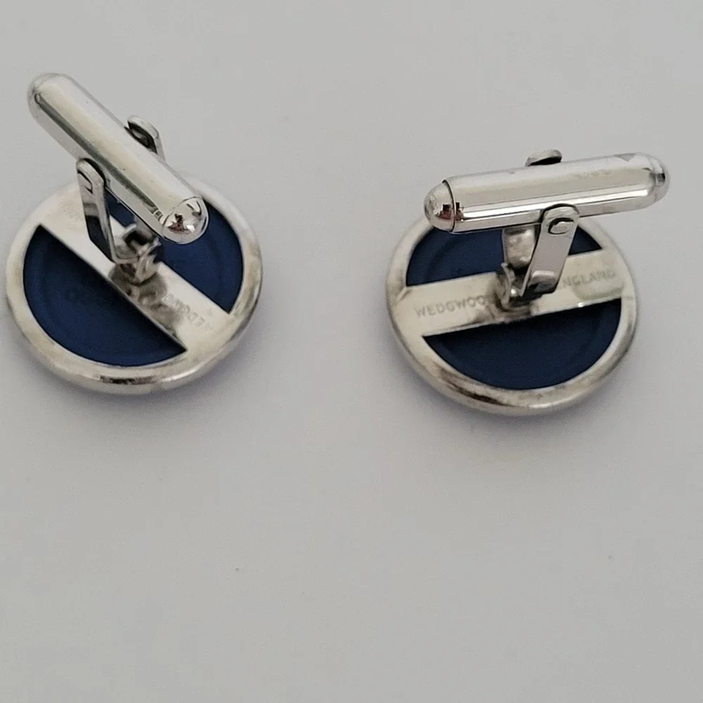 Wedgwood Blue Jasperware Sailing Ship Cufflinks Vintage Silver Tone England